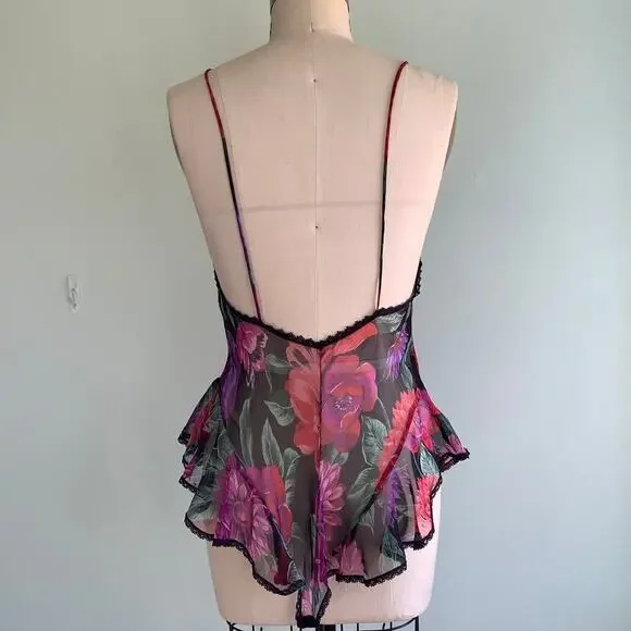 1980s Dark Floral Sheer Teddy & Bed Jacket Lucie Ann II Vintage Lingerie - Picture 6 of 9
